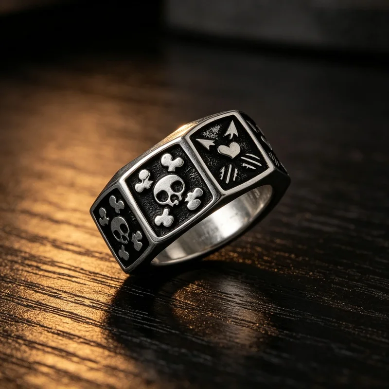 Octagon Skull Crossbones Ring Alloy Punk Gothic Statement Jewelry for Women Men Street Gift