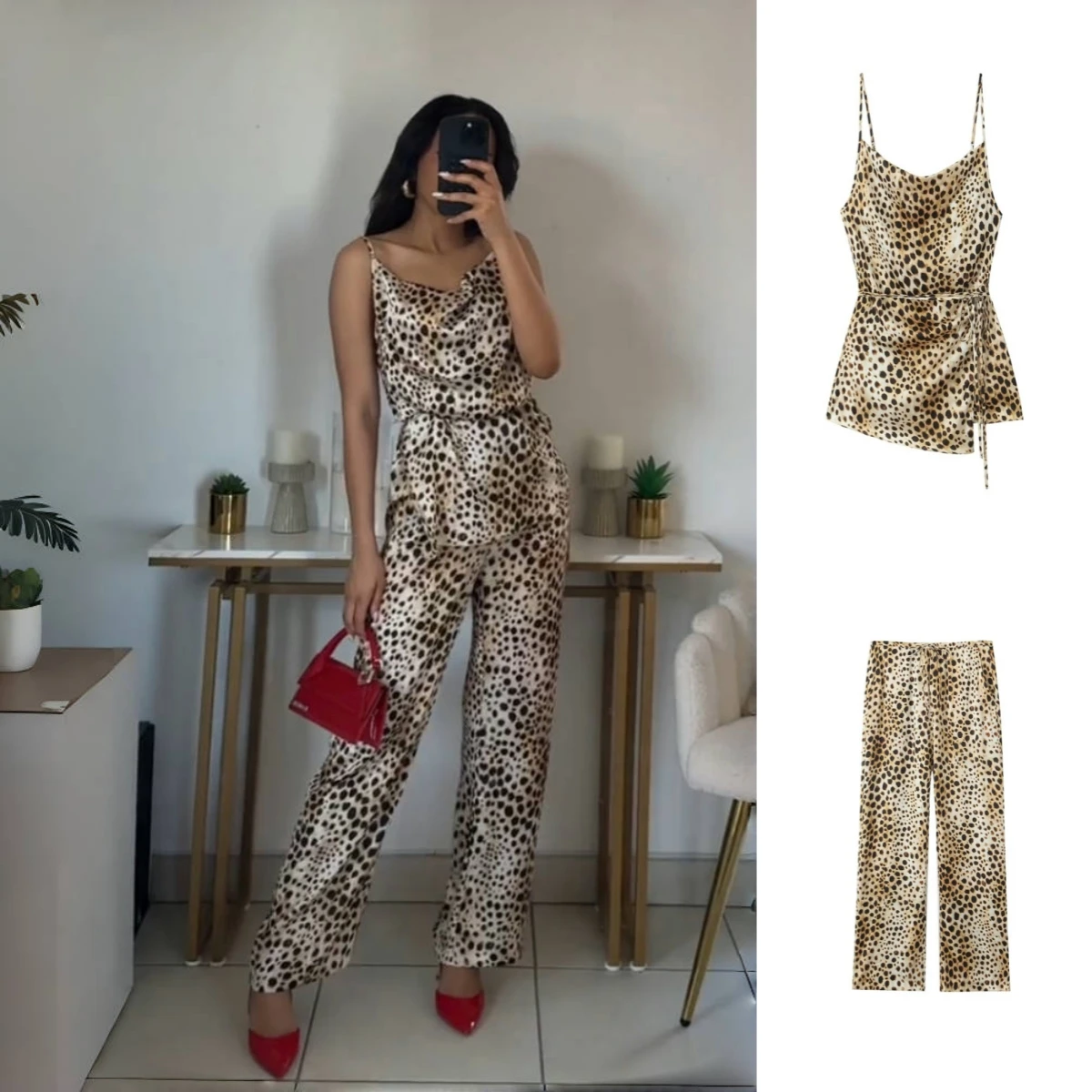 

Taop&Za Women's 2024 Summer New Style Printed Strap Top 8081/013/Animal Pattern Pajama Style Pants Set 8087/013