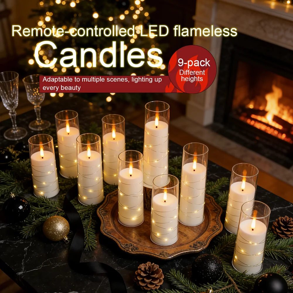 White 9PCS LED Flameless Prayer Candles with String Lights Timer Dimmable Acrylic Church Memorial Christmas Eve Religious Decor