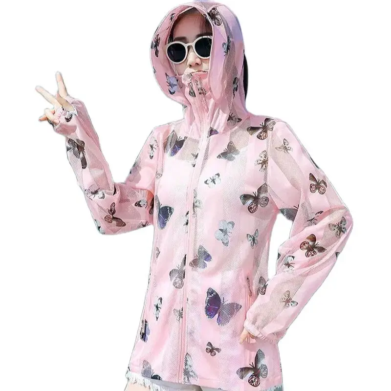 Summer 2024 New Silk Sun Protection Clothing Women's Thin Coat Wears Casual Hooded Joker Simple Printed Long-Sleeved Jacket