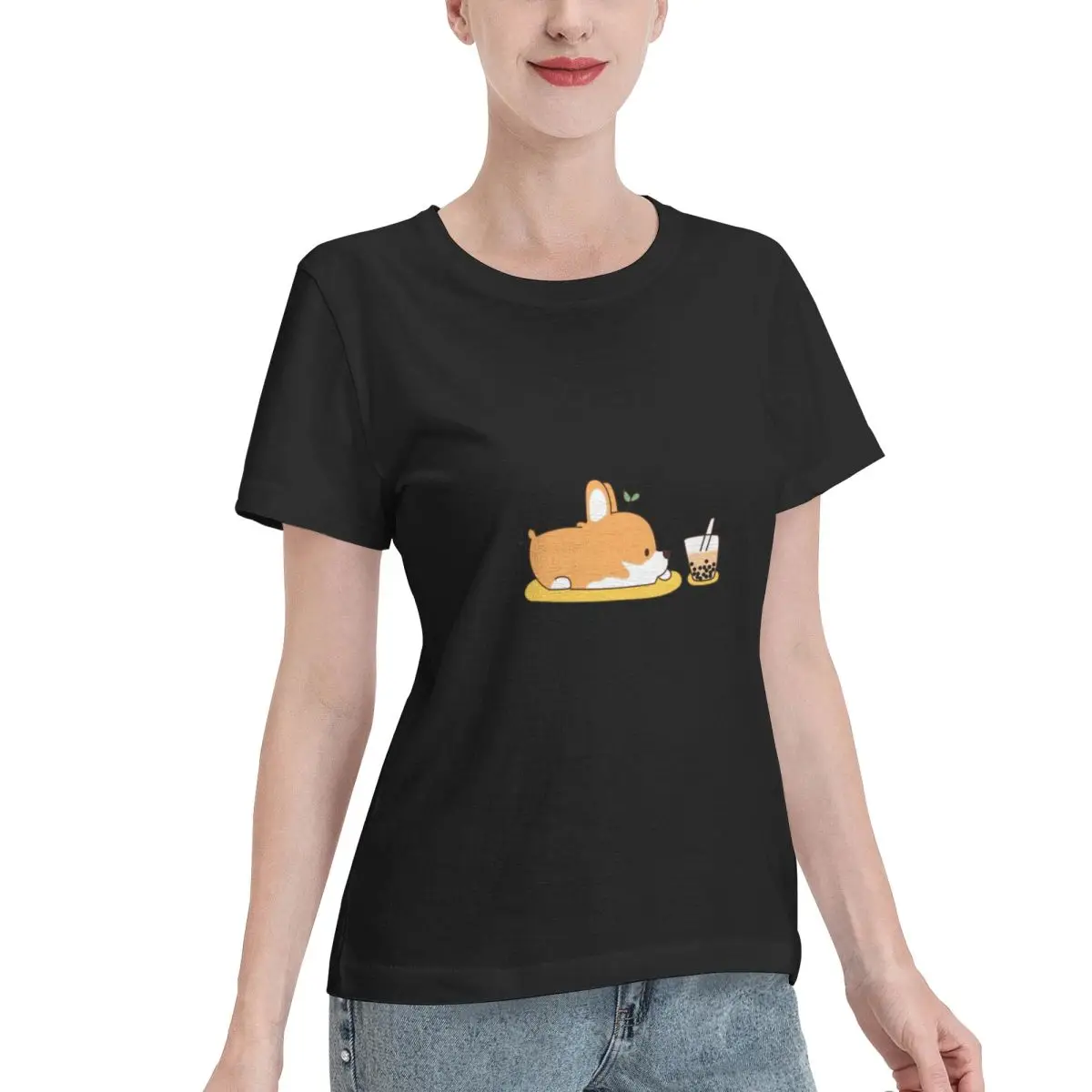 Bargain Price Corgi And Bubble Tea Women's T-shirt Summer Outfit Office Casual Top