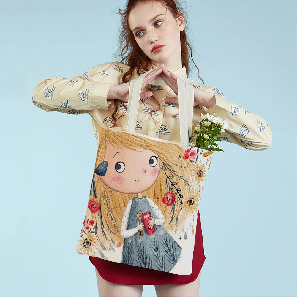 Cute Cartoon Girl Double Printed Reusable Canvas Student Tote Handbag Fairy Tale World Lovely Child Gift Casual Shopping Bag