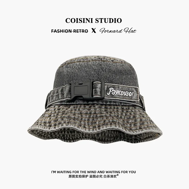 Nischen-Mode Schnappverschluss-Gürtel-Design Denim Bucket Hat für Herren und Damen – Vielseitige Sommer-Fischerhüte mit breiter Krempe für Freizeit und Sonnenschutz – Detail 2