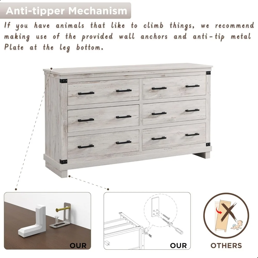 T4TREAM Farmhouse Kommode mit 6 Schubladen für Schlafzimmer, 54 breite Kommode aus Holz mit natürlicher Textur und Metallgriff, rustikaler Stauraum