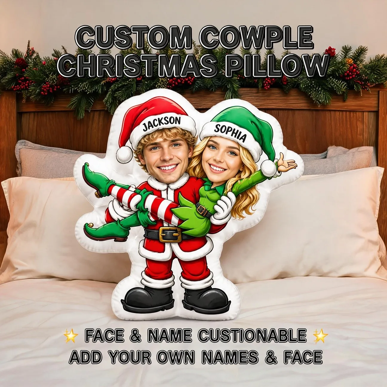 Custom Couple Photo Shaped Pillow, Personalized Christmas Elf Costume Decorative Cushion, Unique Home Decor Accent for Sofa & Be