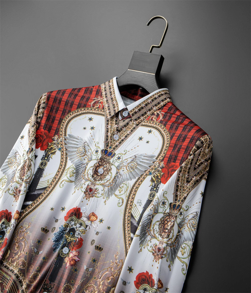 Moda masculina de luxo retro impressão camisa coroa diamante casual camisa social manga longa fino ajuste vestido festa negócios camisa S-5XL