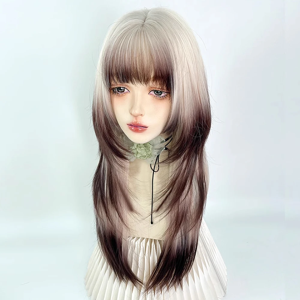 วิกผมยาวตรงสีน้ำตาลผสมสีบลอนด์สำหรับผู้หญิง วิกผมสังเคราะห์สำหรับคอสเพลย์สไตล์โลลิต้า พร้อมหน้าม้า ทนความร้อน เหมาะสำหรับใช้ในชีวิตประจำวัน