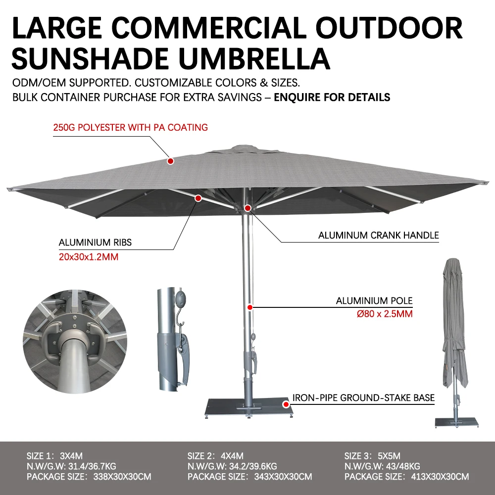 Commercial Modern Large Outdoor Umbrella for Park Use 3*4M/4*4M/5*5M Gas Spring-Assisted Opening ODM/OEM Customizable