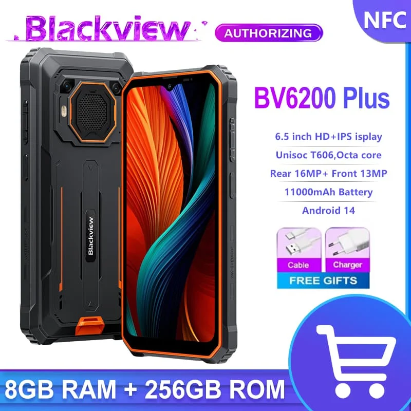 Прочный телефон Blackview BV6200 Plus, 11000 мАч, 6,56-дюймовый HD-дисплей, T606, 8 ГБ, 256 ГБ, 16-мегапиксельная + 2-мегапиксельная камера AI, сотовый телефон NFC Android 14