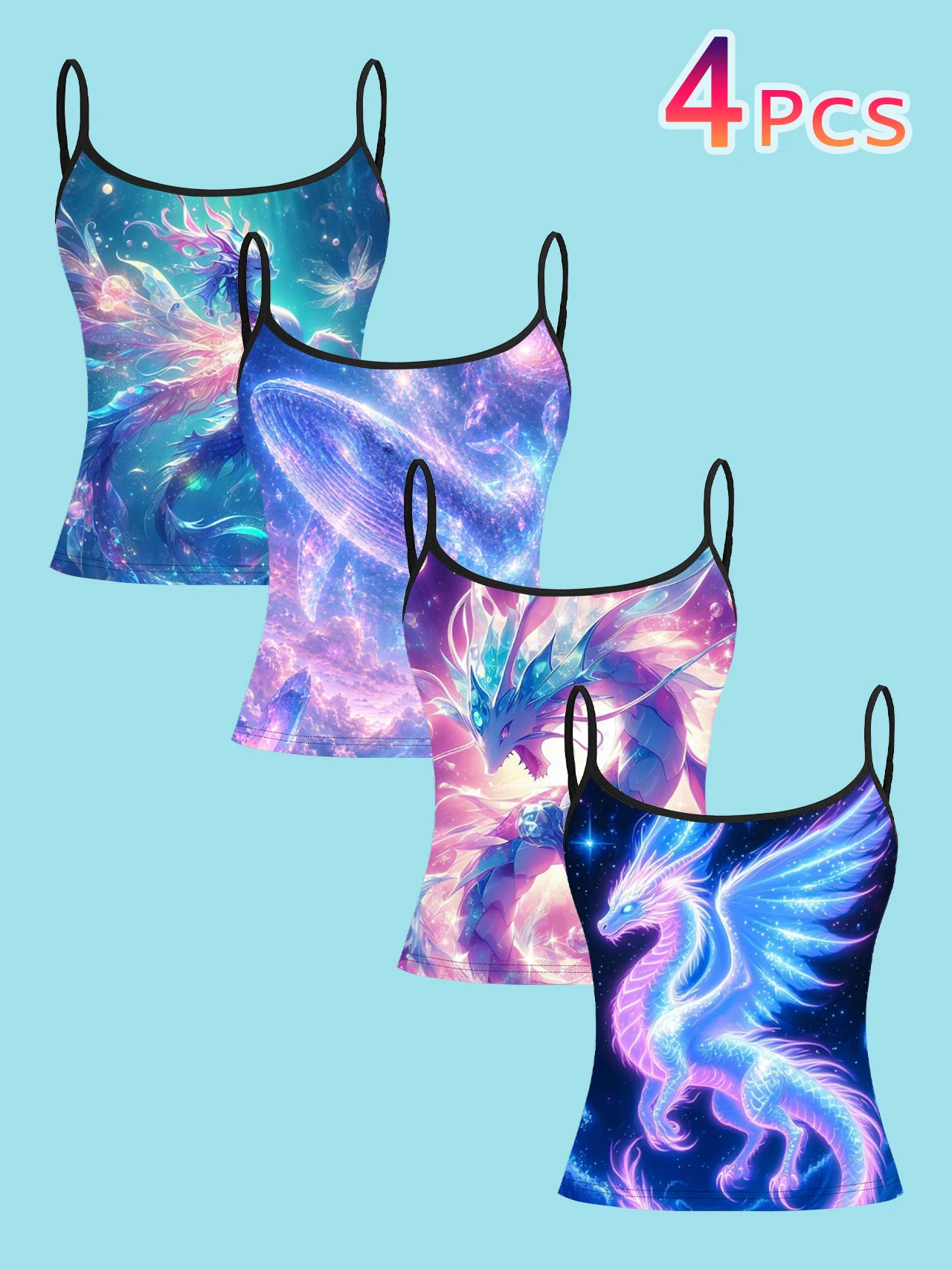 4-Piece Set of Dreamy Nebula and Dragon Print Women's Camisoles, Fresh Macaron-Toned Fantasy-Themed Spaghetti Strap Slim-Fit Inner Tops