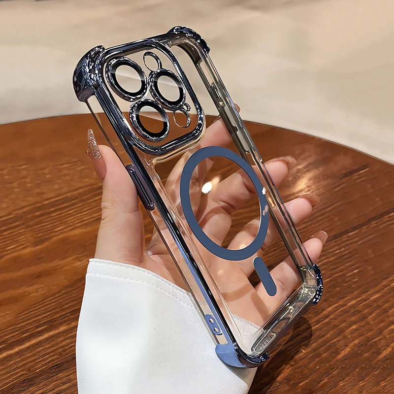 حافظة شحن لاسلكية مغناطيسية فاخرة مضادة للصدمات لهاتف Magsafe لهاتف iPhone 16 15 14 13 12 Pro Max غطاء مدرع مقاوم للصدمات