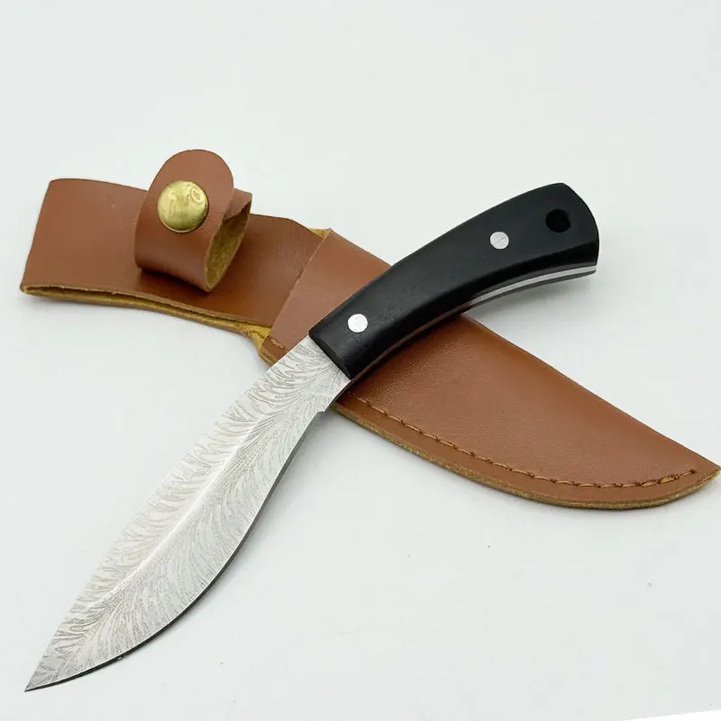 Damascus Pattern Kitchen Knife, Wooden Handle with PU Leather Sheath, for Household Use as a Meat and Fruit Cutting Tool
