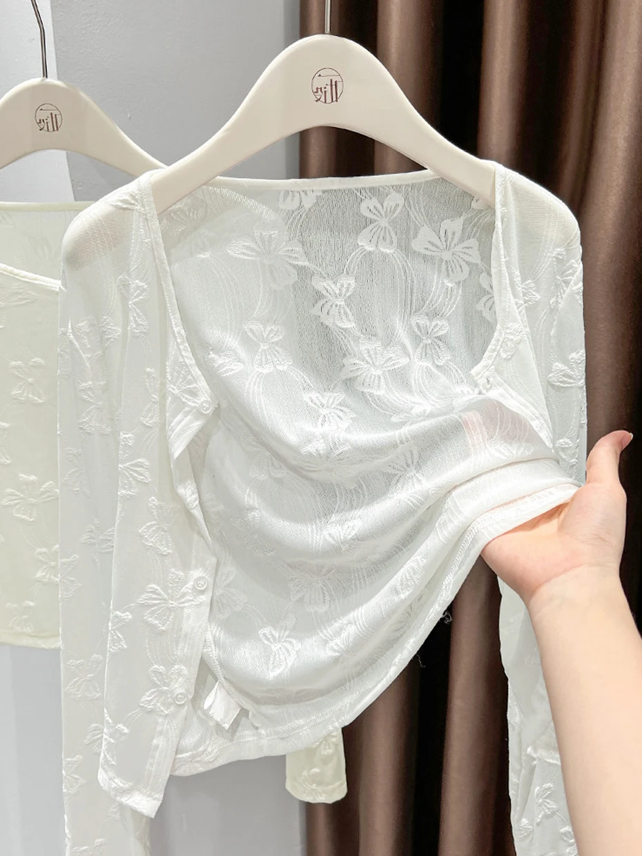 Lace  Knot Thin Short Sleeveless Cardigan Women's Long Sleeve Sun Protection Cover up Beachside Spring Commute Style