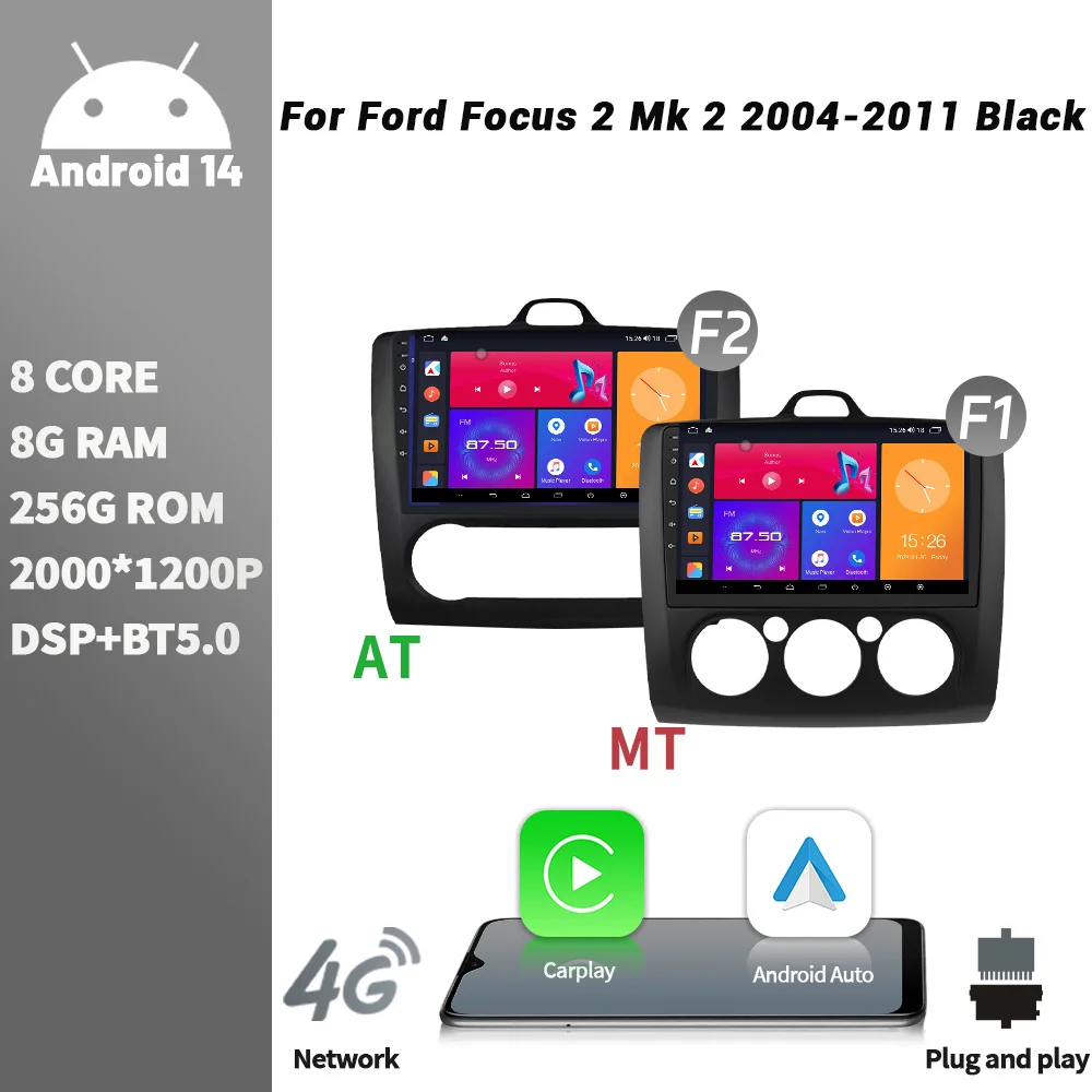 

Android Bluetooth Wireless CarPlay Touch Screen Car Radio For Ford Focus 2 Mk 2 2004-2011 Black Multimedia Navigation Player