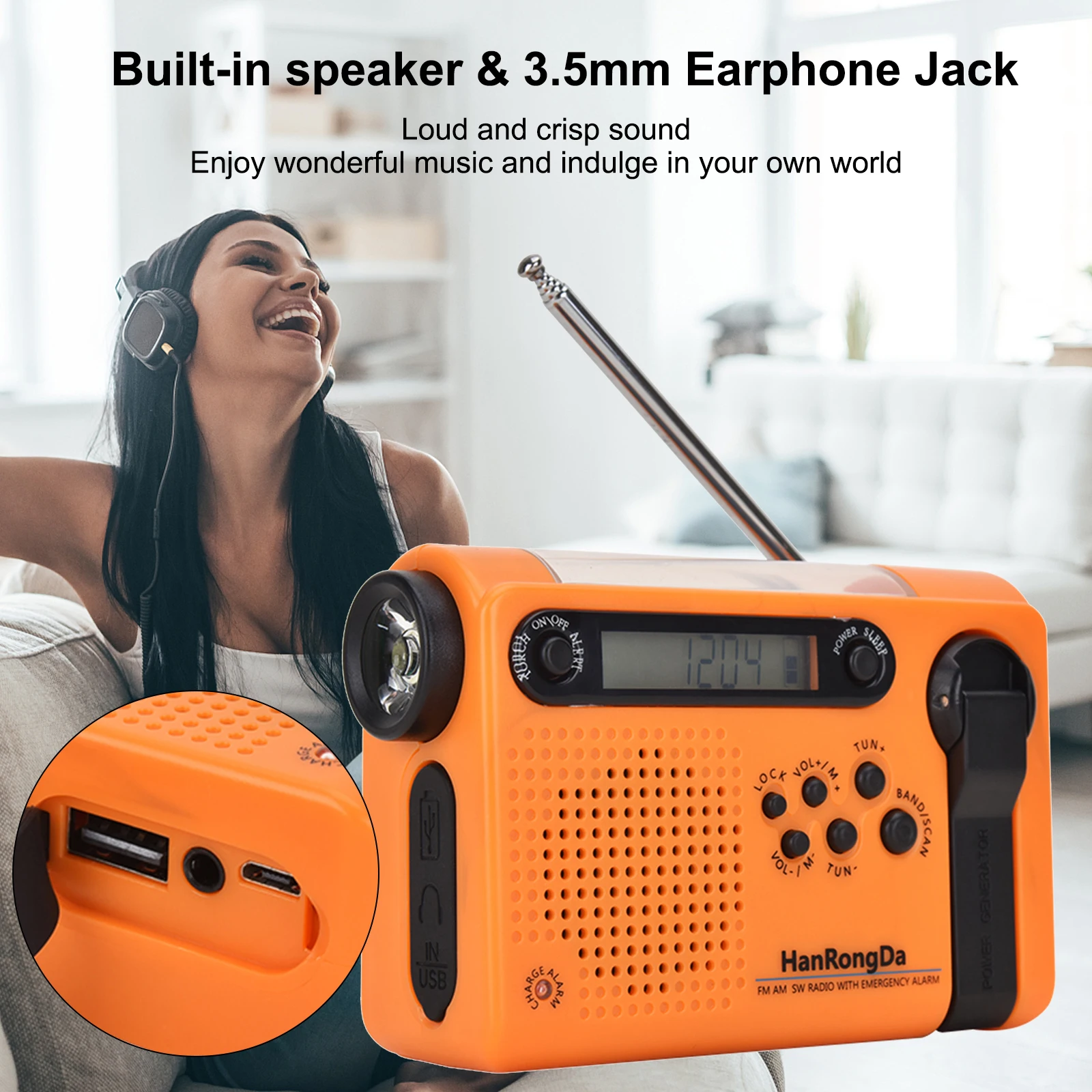 HanRongDa Outdoor Emergency Radio Portable AM FM SW Radio Solar Powered Hand Crank with LED Flashlight 2000mAh Battery SOS Alarm