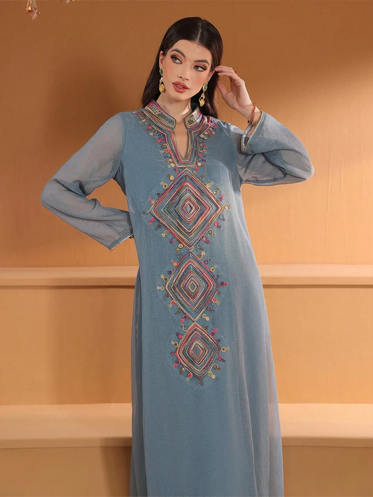 Vestido Feminino do Oriente Médio, Robe Muçulmano Bordado, Vestidos Longos de Dubai, Kaftan Árabe, Roupa Islâmica Jalabiya para o Ramadã e Eid