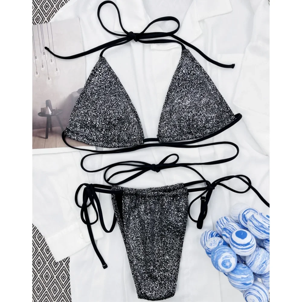 

Купальник с блестящими пайетками, микро-стринги, бикини, треугольный купальник, кружевной купальник с открытой спиной, двухсекционный сексуальный женский пляжный купальный костюм Танга