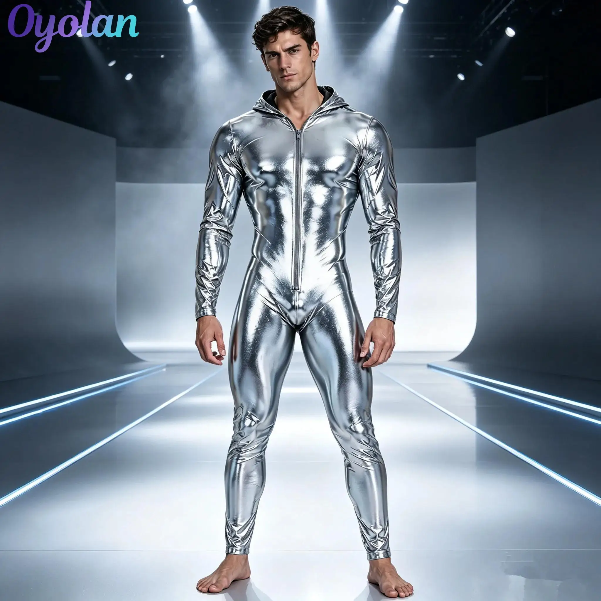Mens Shiny Metallic Hooded Zentai Bodysuit Front Zipper Full Body Jumpsuit Halloween Cosplay Carnival Stage Performance Costume