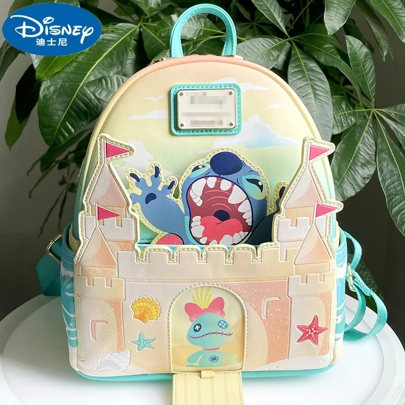 

Original Disney Stitch Mini Backpacks 3d Sandcastle Beach Surprise Kawaii Backpack Woman's Pu Leather School Bags Gift