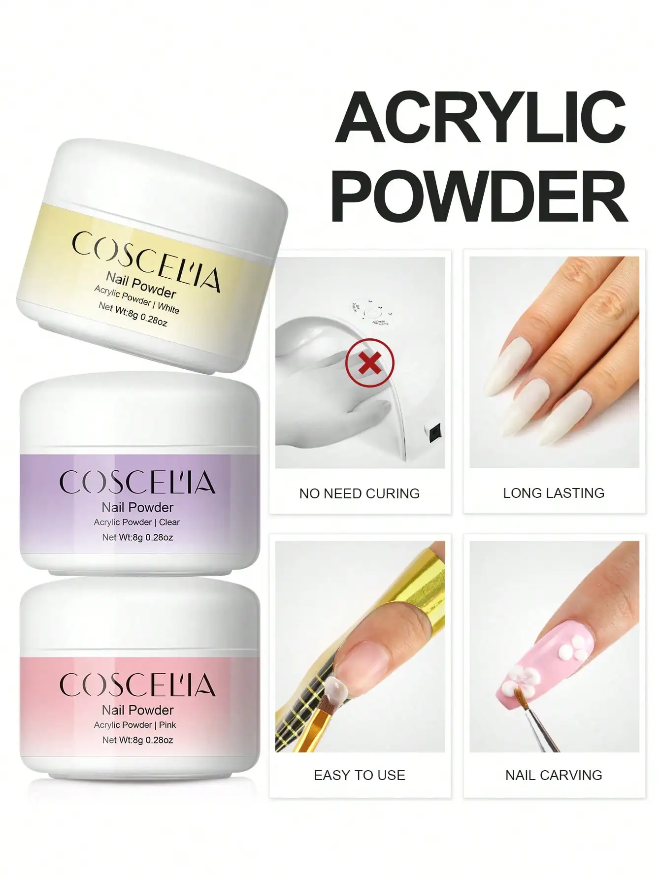 Acrylic Nail Kit Mini UV Lamp And Nail Drill 3 Acrylic Powders And 30ML Acrylic Liquid Top Coat Decoration Powder Nail Tips For Extension French Nail Summer Vacation Gift For Women 3