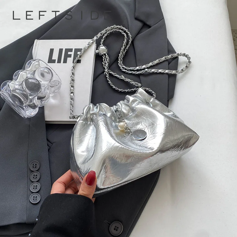 LEFTSIDE Small Silver Crossbody Bags for Women 2023 Korean Fashion Designer Female Bucket Bag Lady Chain Drawstring Handbags