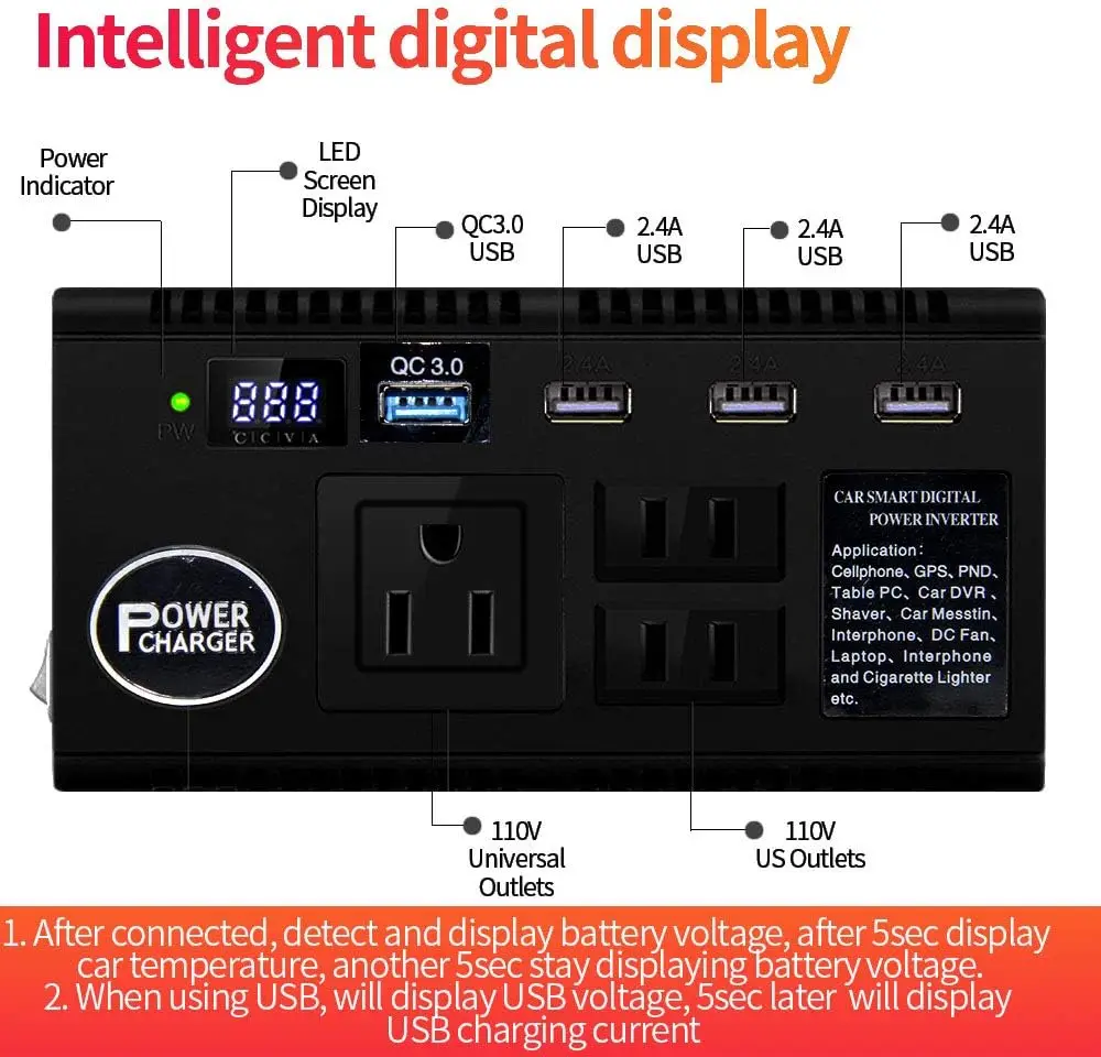 Car Power Inverter 120W 12V 24V DC To 110V AC 4 USB Ports Car Charger Adapter With 3 AC Outlets Dual Cigarette Lighter, Digital