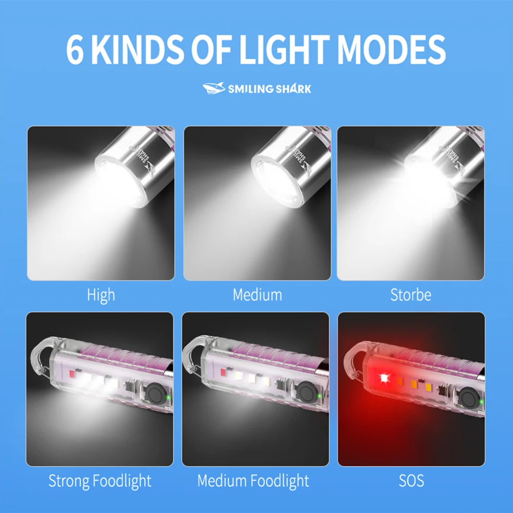 1 قطعة Smiling Shark SD-1221 مصباح يدوي صغير بسلسلة مفاتيح LED ، مصباح يدوي فائق السطوع ، ضوء فلاش طويل الأمد قابل لإعادة الشحن #3
