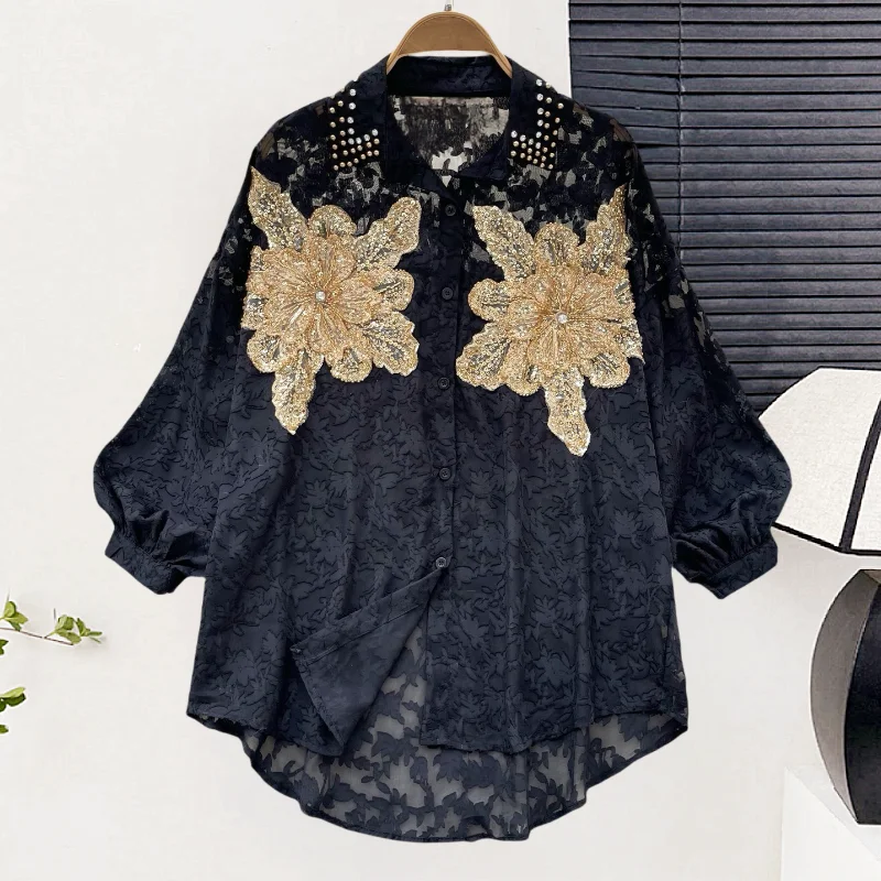 

industry splicing sequin shirt autumn new style French temperament high-end feeling age reducing versatile lace top for women