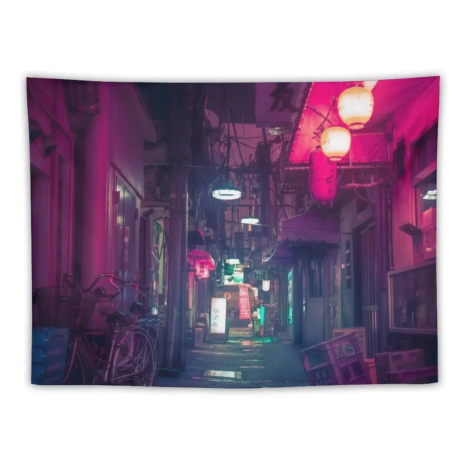 Synthwave Tokyo Neon Underworld Red Lantern in narrow dark alley Tapestry Outdoor Decor Tapestry