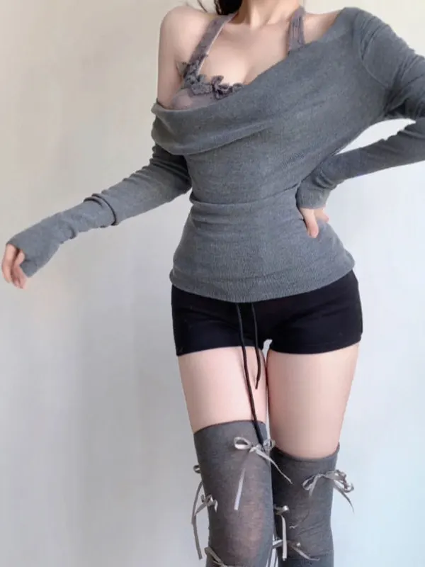 

Ретро сексуальная девушка Sle Slim Fit Ne Hanging Two Piece Set Faionable Personali Winter T irt для женщин с высокой талией Long Sl...