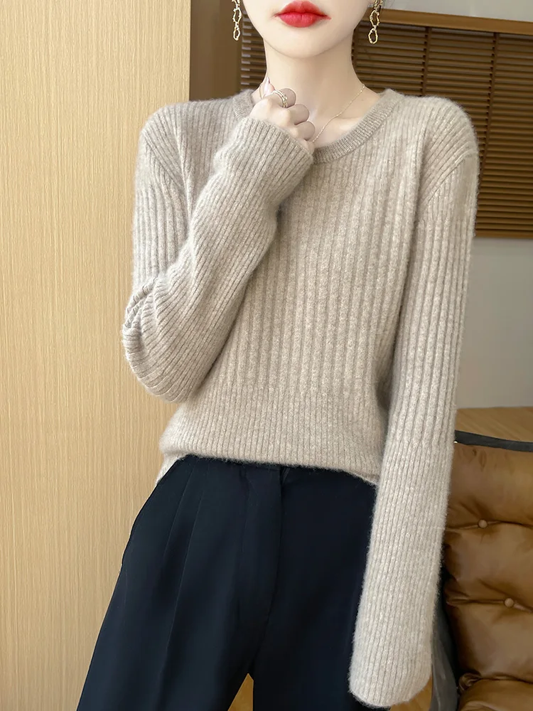 Women's 100% Pure Wool Knitted Sweater, Crew Neck, Korean Style, Top, Pullover, Drawstring, Fashion, Autumn/Winter 2024