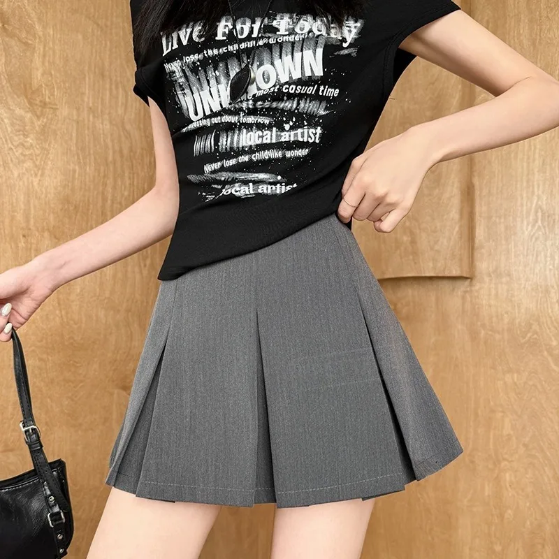TFETTERS Summer Ladies Pleated Skort High Waist Solid Color Fake Two Piece Skirt Casual Preppy Style Anti-light Short Skirts