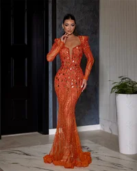 2024 Orange Mermaid Wedding Party Dress Crystals Beaded Long Sleeves Arabic Dubai Women Prom Dresses Customize Evening Gown Robe