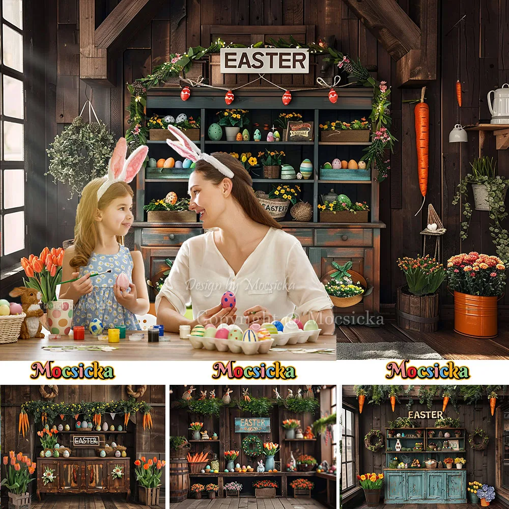 Mocsicka Easter Kitchen Background Photography Carrot Flower Egg Wooden Backdrop Sping Kids Family Portrait Photo Studio Prop