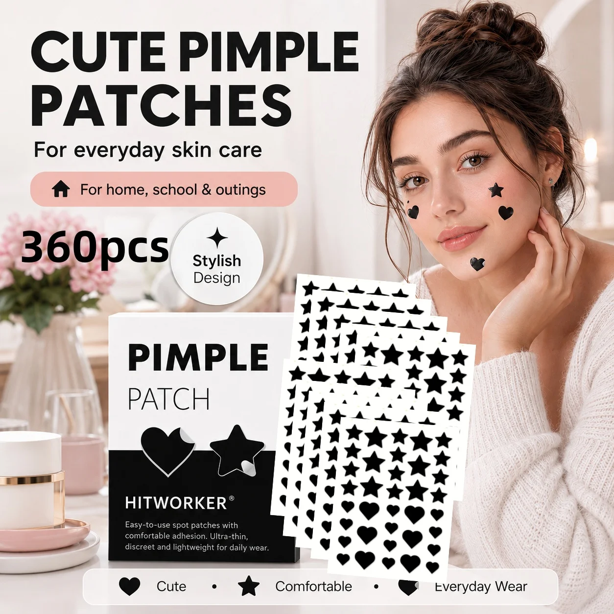 

360PCS Heart & Star Shaped Acne Pimple Patches, Hydrocolloid Invisible Blemish Stickers, Absorb Spot Cover Patches for Facial Sk