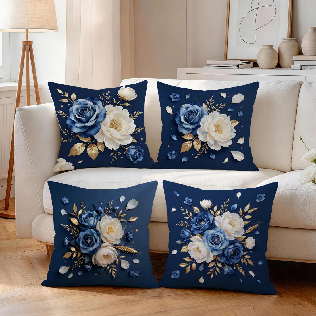 Blue Roses White Peonies Pillowcase Printed Polyester 40/45/50cm Throw Pillowcover Decorative Sofa Cushion Pillowslip Home Decor