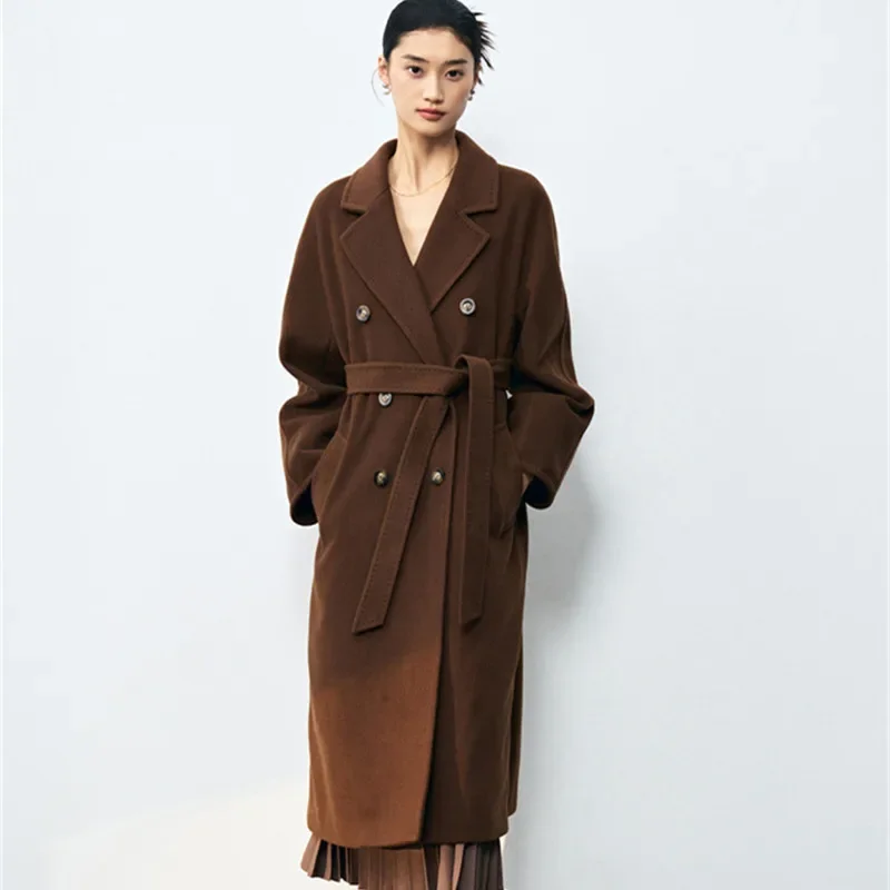 Fall Winter Wool Coat Women Classic Double Breasted TurnDown Collar Elegant Loose Long Woolen Jackets With Belt Thick Warm Coats