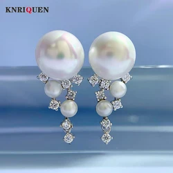 Luxury 100% 925 Real Silver 10mm Pearl Lab Diamond Stud Earrings for Women Wedding Cocktail Party Fine Jewelry Anniversary Gift