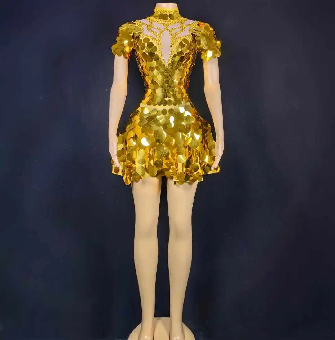 

Women Sequins Shinning Design Short Sleeve Dress Carnival Bling Dancer Cheerleading Las Vegas Showgirl Outfits Drag Queen