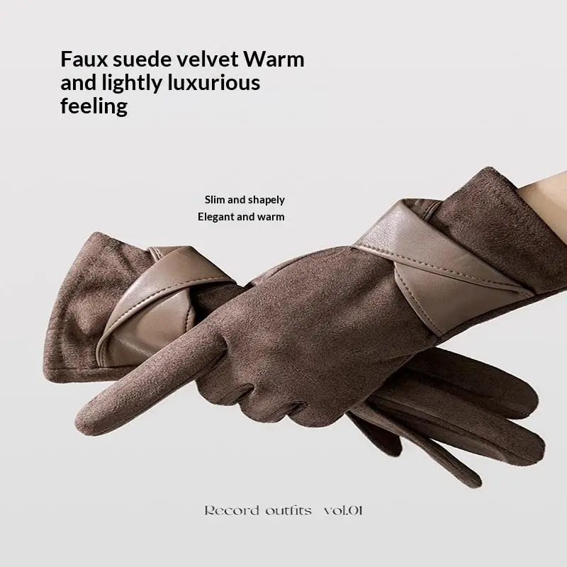 Elegante Damen-Winterhandschuhe aus Wildleder, Touchscreen-kompatibel, mit Samtfutter, warm, 1 Paar für Pendeln und Dates – Detail 7