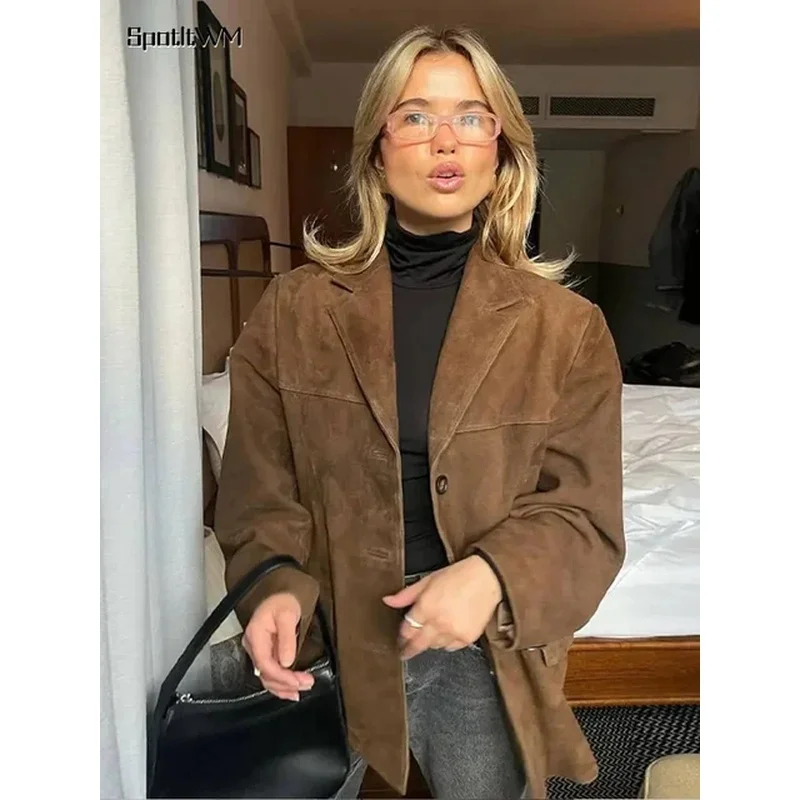 Casual Brown Lapel Pocket Suede Leather Jacket Fashion Woman Single Button Long Sleeve Crop Coat 2024 Lady Autumn Street Outwear