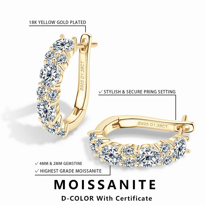 

Сертифицированные Lnngy VVS1 серьги U-образной формы с муассанитом oorbellen, серебро 925 пробы, серьги-кольца для свадьбы, сверкающие ювелирные изделия