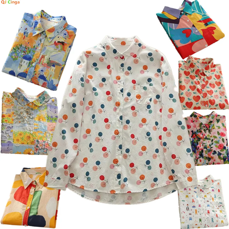 

Cotton Women Long-sleeved Printed Shirt, Single-breasted Button-down Collar Shirts, Chest Circumference 118cm,Sleeve Length 50cm