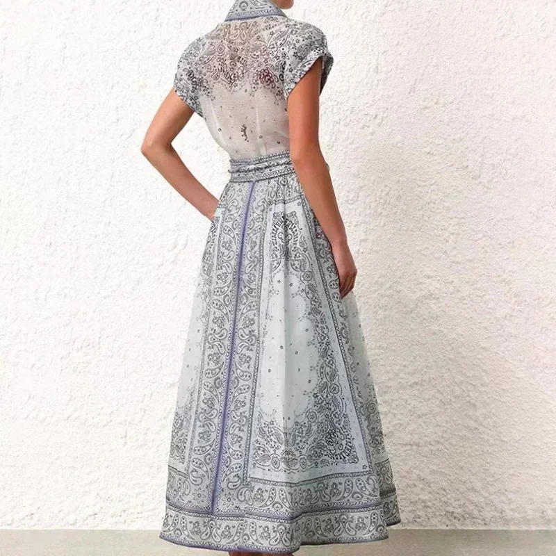 2023 New Collection Paisley Light Blue Floral Print Vintage Short Sleeve Blouse and Midi Skirt Women Sets for Holiday