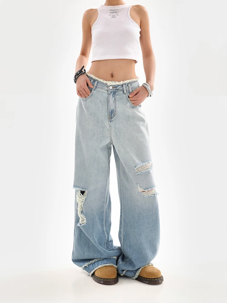 2024 Summer Women's Harajuku Vintage Jeans Gradient Loose Washed Wide Leg Pants Y2K Ripped Baggy Denim Trousers