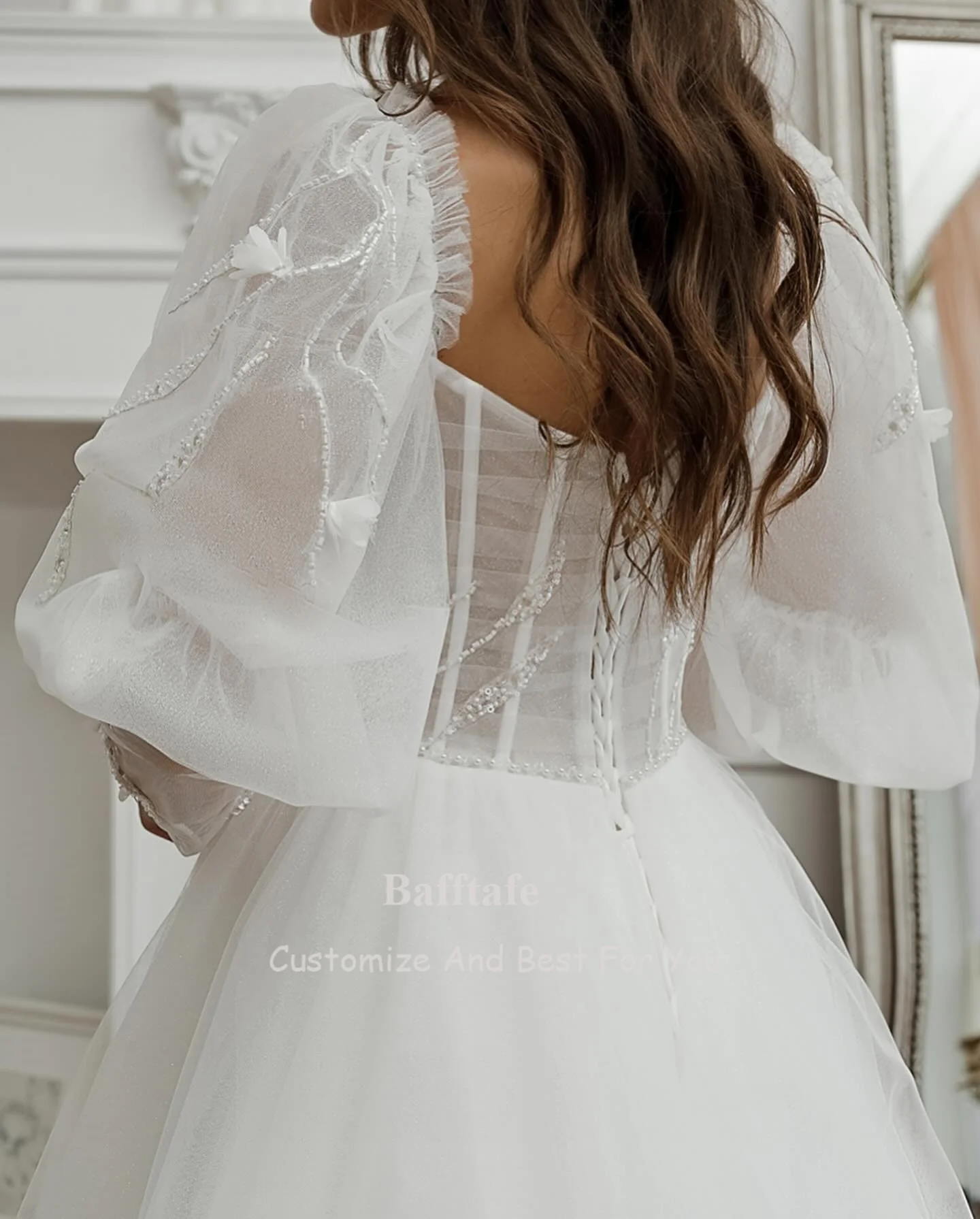 Bafftafe Long Sleeves Tulle Boho Wedding Dresses For Bride Sequines Flowers Lace Up Corset Wedding Gowns Formal Party Dress 2024