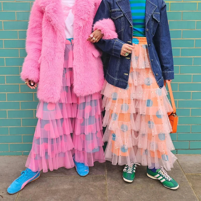 بنطلون نسائي من Combhasaki مزين بالترتر اللامع من التول والكشكشة بطبقات من الدانتيل وطباعة نقطة Y2k بنطال مرن عالي الخصر متدرج فضفاض واسع الساق #1