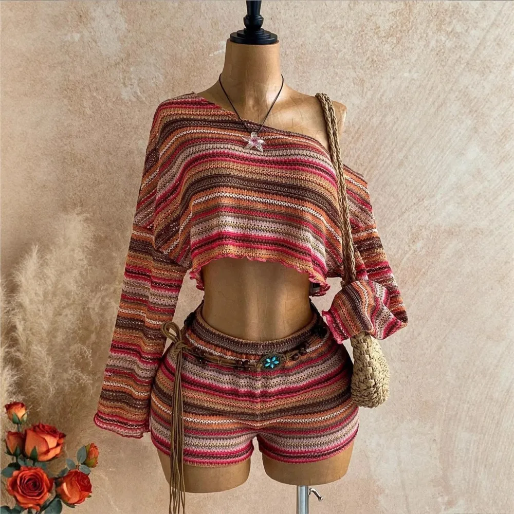 

Sexy Slanted Shoulder Long-sleeved Knitted Women's Shorts Suit Summer New Fashion Ultra-short Vacation Female Shorts 2 Piece Set