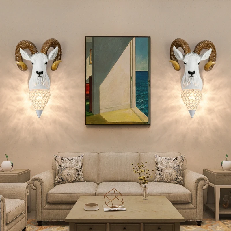 

Creative Nordic Country Sheep Horn Lamp American Animal Sheep Head Wall Lamp Living Room Entrance Villa Bar Personalized Decor