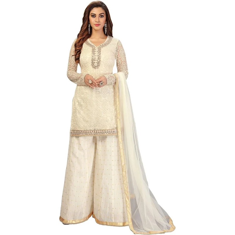 Women's Cotton Embroidery Salwar Suit Set Kurta Sharara with Dupatta Kurta Palazzo Set Stitched Ready To Wear